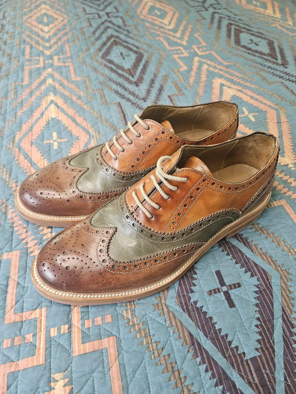 Two-Tone Brown & Olive‎ Leather Wingtip Derbys